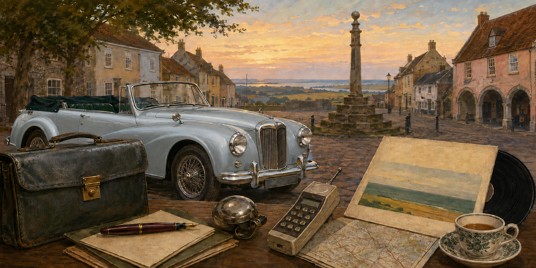 Original editorial still life featuring a pale metallic silver-blue classic car, legal case, telephone, record and Norfolk map